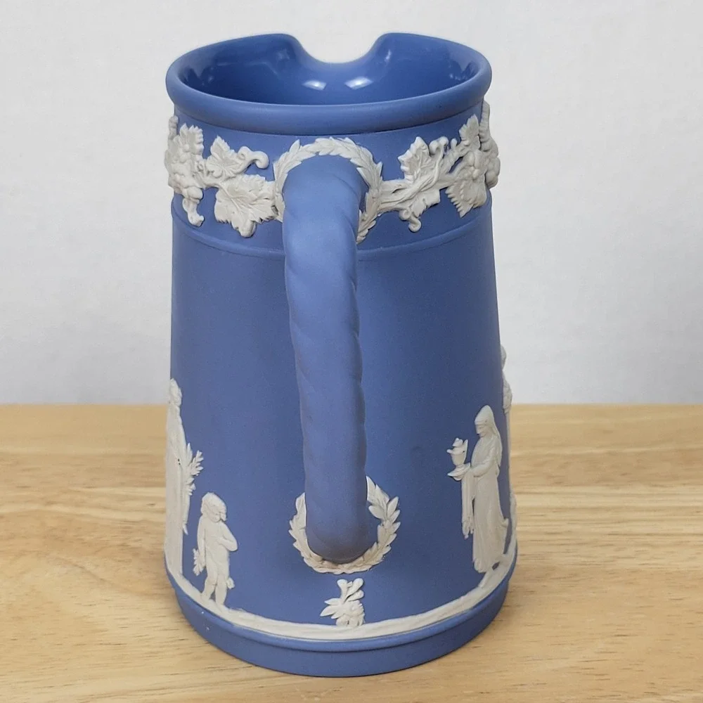 Vintage Royal Doulton Jasperware Style Blue Pitcher Trojan Jug Grapevine England